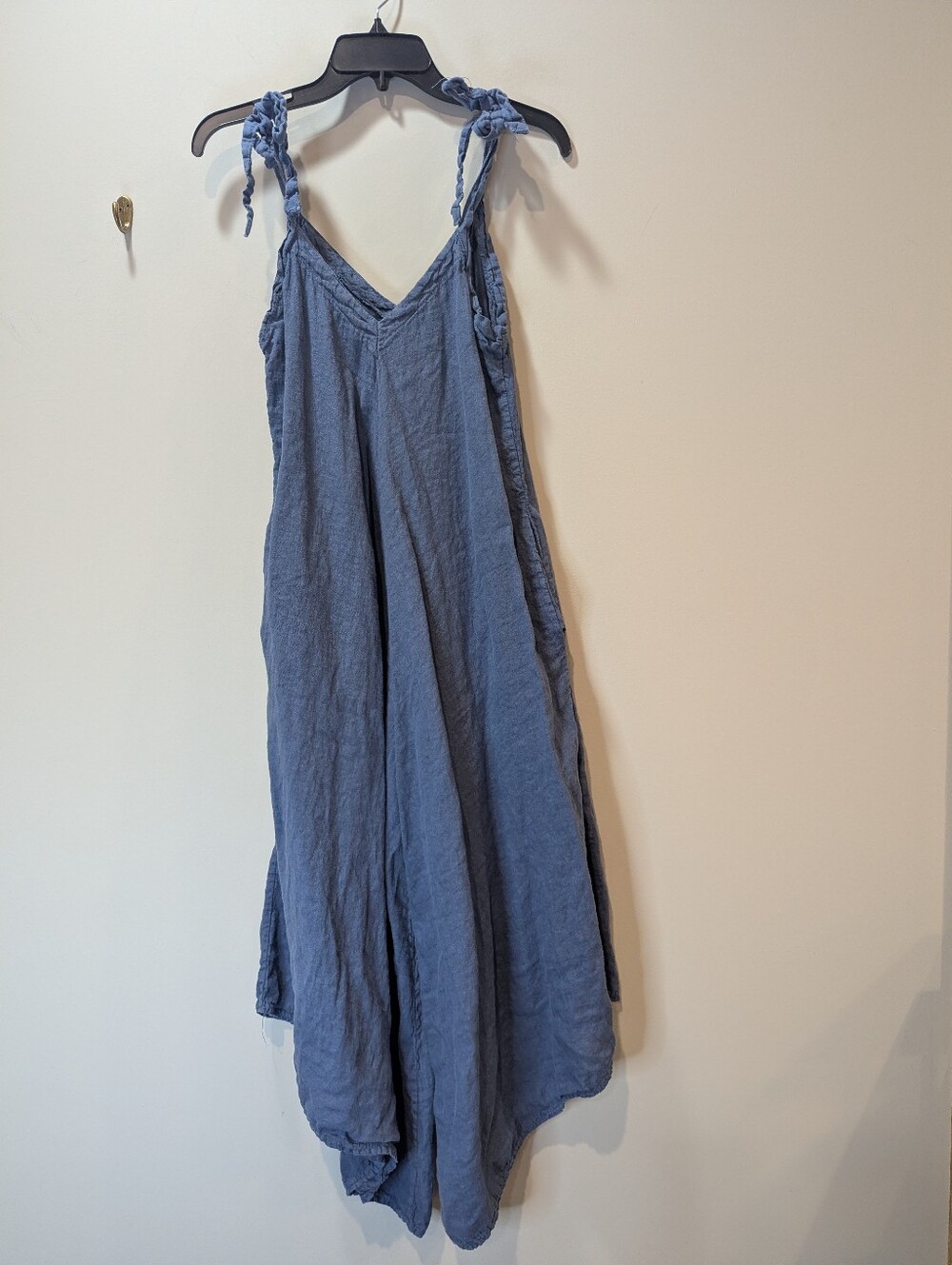 Bella Italia Blue Linen Jumpsuit Jumper Handkerchief Asymmetrical Hem Size OS